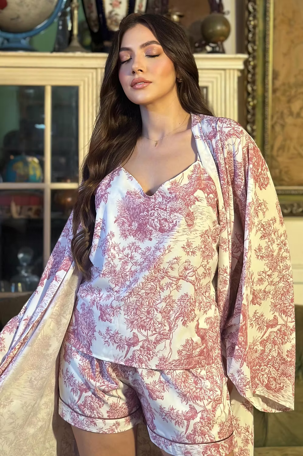 Pink Toile de Jouy Silk Short Pajama Set – Cami & Shorts