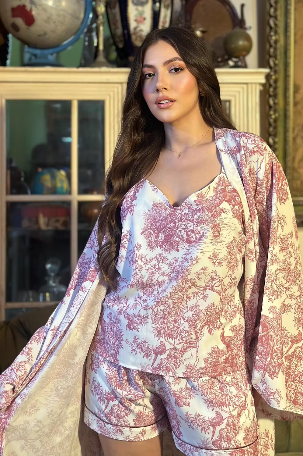Pink Toile de Jouy Silk Short Pajama Set – Cami & Shorts