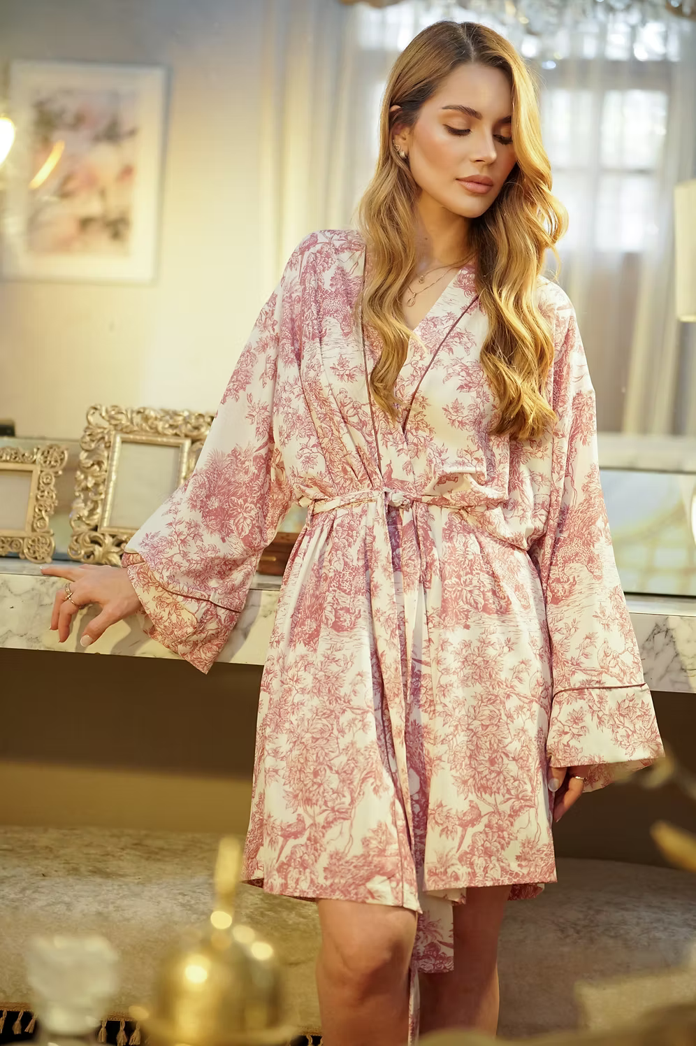 Pink Toile de Jouy Robe | Elegant Satin Bathrobe