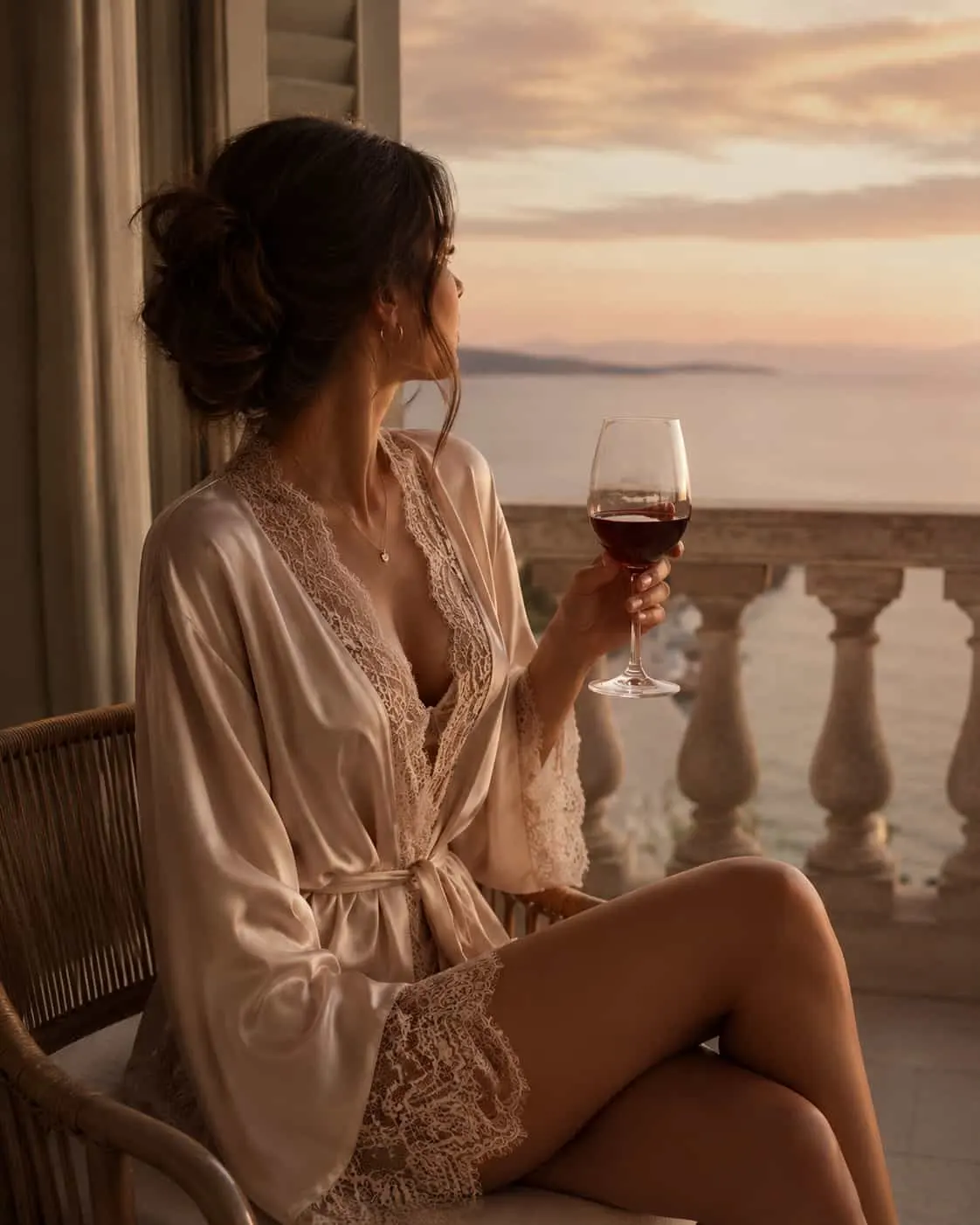 Woman wearing a lace-trim robe at sunset